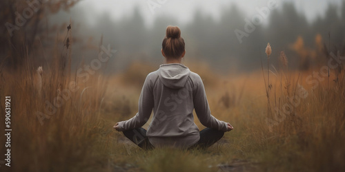 Young woman practicing yoga in clearing. Harmony, meditation, healthy lifestyle, relaxation, yoga, self care, mindfulness concept 