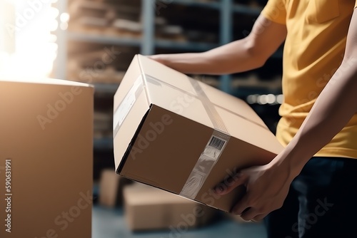 Male warehouse worker holding the package box in a warehouse storage. Generative AI © Snapshooter