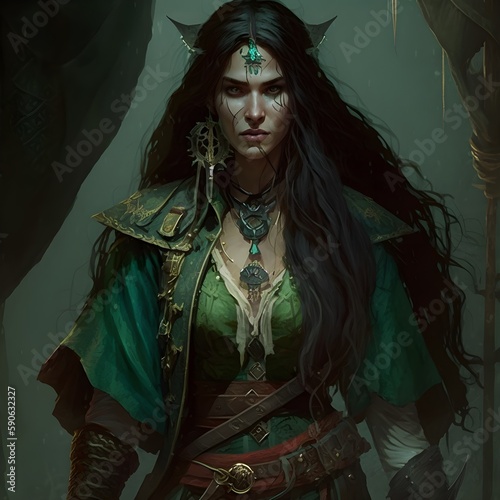 Fototapeta an evil enchantress pirate with long dark hair and a green colored outfit Enteri