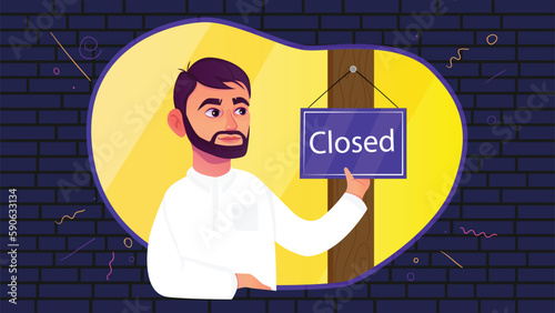 Organic flat people hanging a closed sign board due to coronavirus Free Vector 