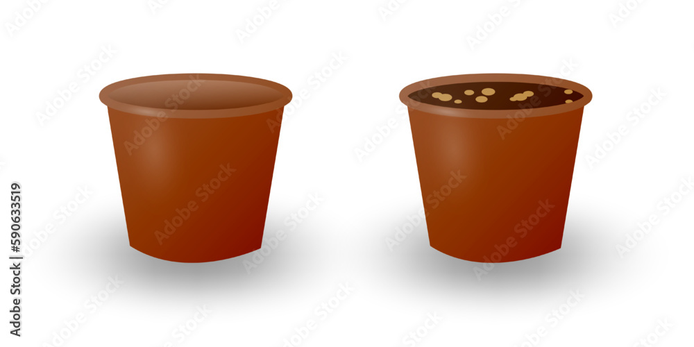 Two flower pots isolated on a white background. Flowerpot for growing indoor plants. The pot is empty and filled with earth closeup. Vector illustration. Two flower pots isolated on a white background. Flowerpot for growing indoor plants. The pot is empty and filled with earth closeup. Vector illustration.
