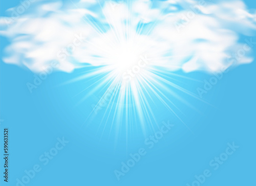 Background with rays and clouds. Blue sky with sun with glowing sunbeams, flare, light. Dynamic background with vivid rays emanating from a central point. Vector illustration.