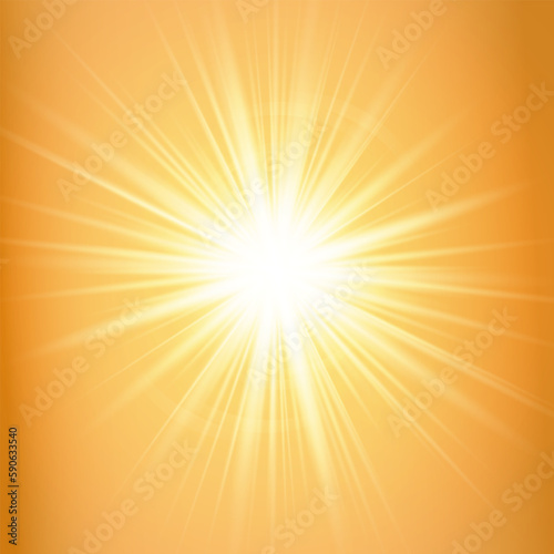 Background with rays. Golden orange background with glowing sunbeams, flare, light. Dynamic background with vivid rays emanating from a central point. For to any design project. Vector illustration.