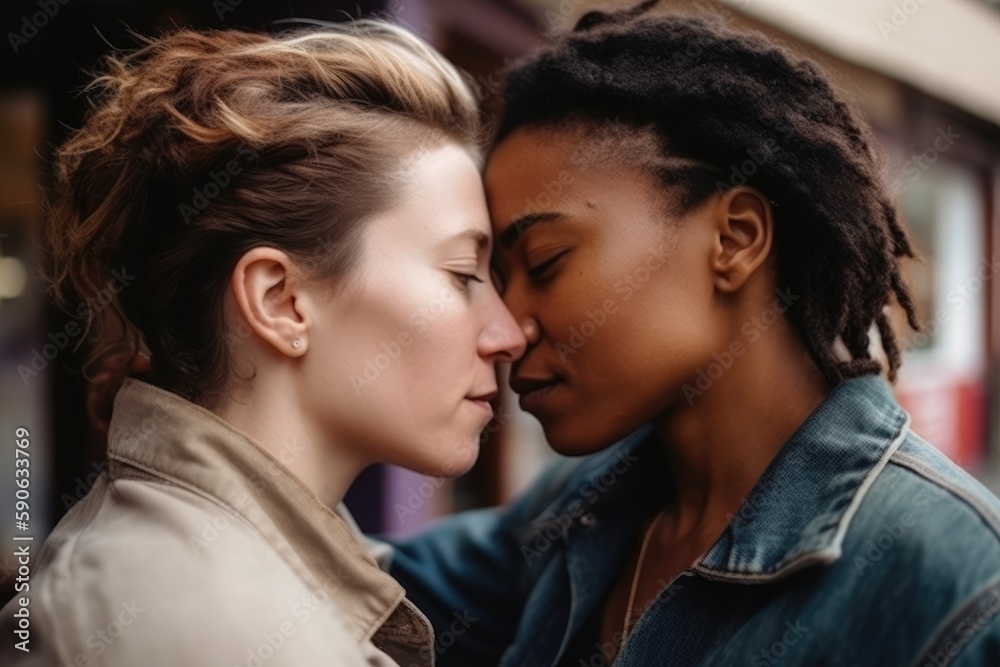 Mature lesbians embracing together in a park. Generative AI