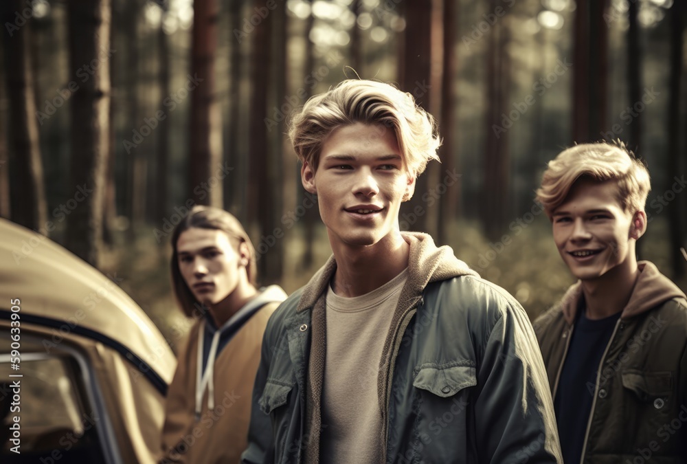 Handsome young man posing in front of a tent with a group of male and female mountaineers in a northern forest. Generative AI