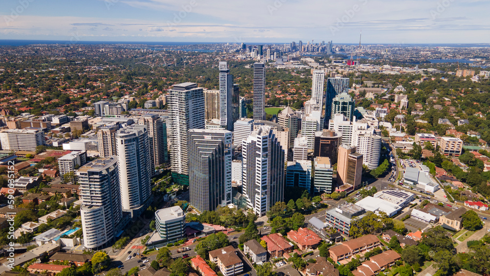 Obraz premium Aerial drone view of Chatswood CBD in the Lower North Shore of Sydney, NSW Australia on a sunny morning in April 2023 