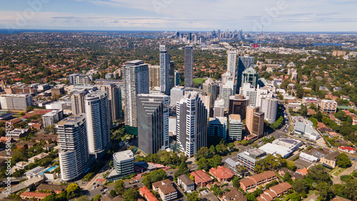Aerial drone view of Chatswood CBD in the Lower North Shore of Sydney, NSW Australia on a sunny morning in April 2023 