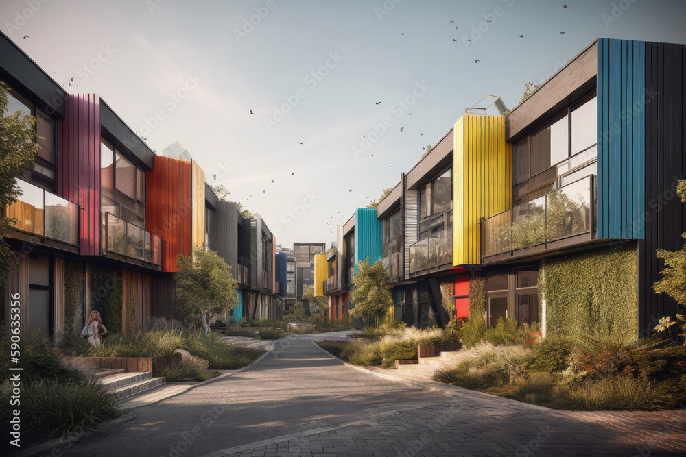 town houses in colorful style created with Generative AI technology