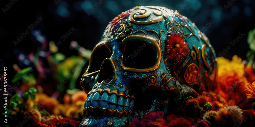 Day Of the dead, Colorful Skull, Vivid solid color background. Generative AI