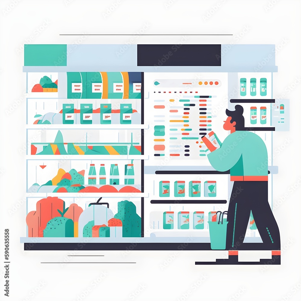 Flat art of futuristic grocery shopping store and people buying groceries in minimalistic art style created with Generative AI Technology. Flat art of futuristic grocery shopping store and people buying groceries in minimalistic art style created with Generative AI Technology.