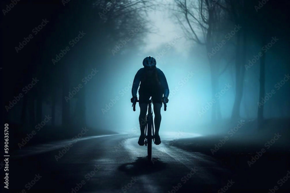 Silhouette of a Male Cyclist Cycling on a Road with Blue Backlight