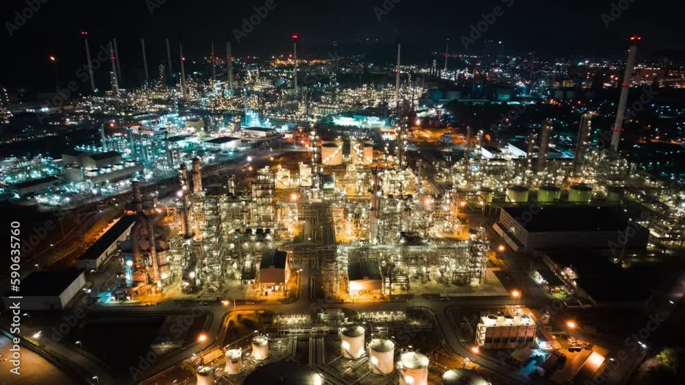 Hyperlapse time lapse of petroleum oil refinery in industrial estate at night, drone aerial view. Fuel and power generation, petrochemical factory industry, or environmental air pollution concept Hyperlapse time lapse of petroleum oil refinery in industrial estate at night, drone aerial view. Fuel and power generation, petrochemical factory industry, or environmental air pollution concept