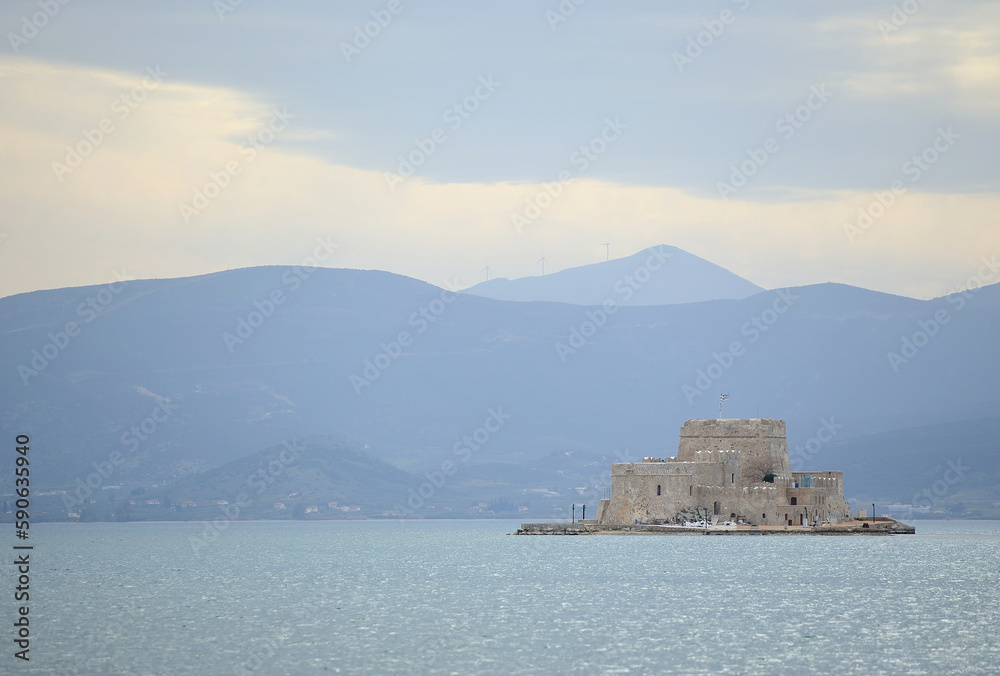 The town of Nafplio in the eastern Peloponnese (Greece). Bourtzi, Venetian water fortress at the entrance of the harbour.