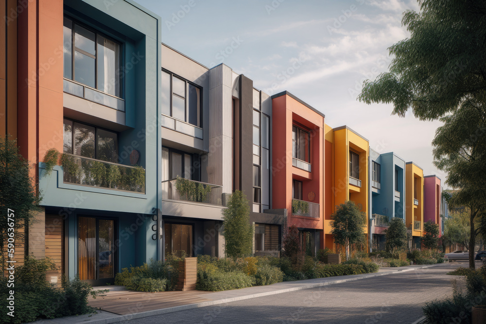 town houses in colorful style created with Generative AI technology