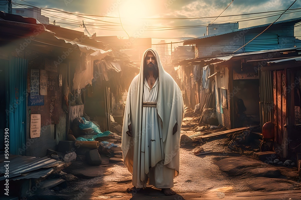 KI generated,  Jesus walks in the slums of Brazil