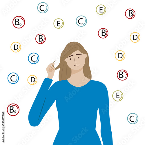 Distressed with thin breakable hair in the absence of vitamins body concept. Young woman standing and touching her hair feeling unhealthy and tired due to lack of various vitamins and minerals in her 