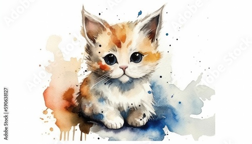 Watercolor cute cat white background with generative ai © Mustafa