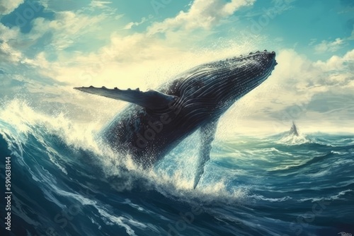 majestic whale leaping out of the ocean. Generative AI © 2rogan