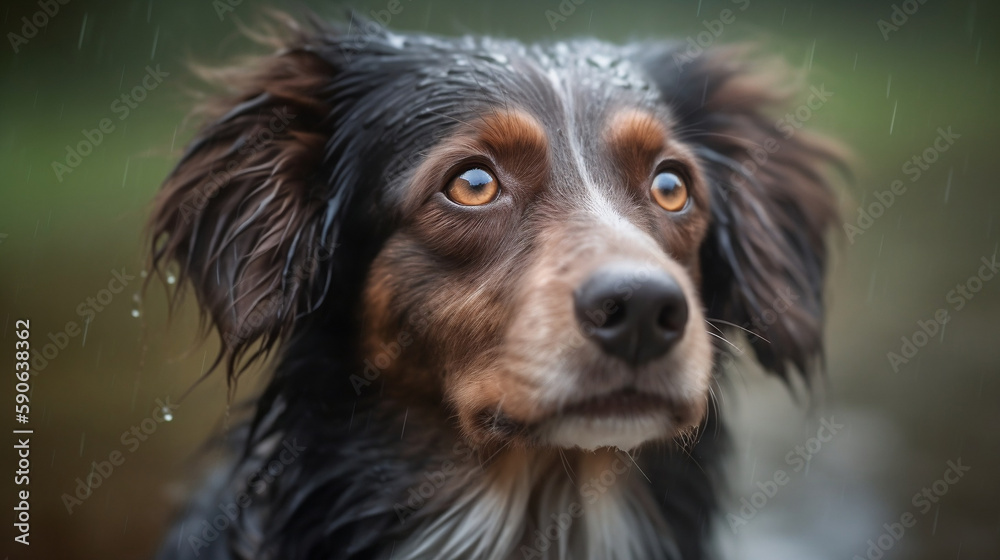 A cute adorable dog in the rain.