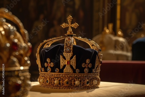 Many Royal golden crowns with jewels. Symbols of United Kingdom monarchy. Generative AI.
