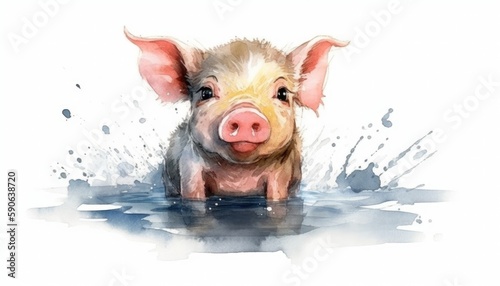 Watercolor cute pig white background with generative ai