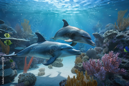 Foto Celebrate World Oceans Day with a beautiful image of a bottlenose dolphin swimming among the tropical fish and colorful coral reefs of Egypt's stunning Red Sea