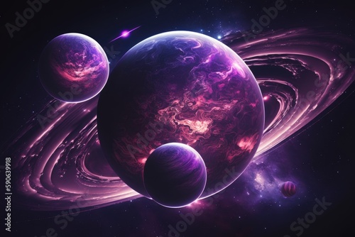 planets in galaxies. a purple disk containing three planets. Generative AI