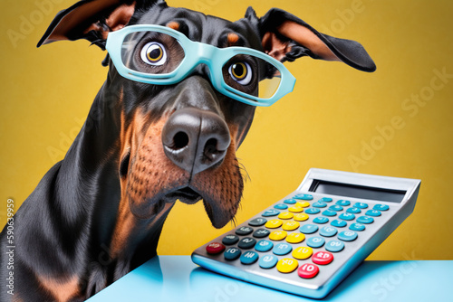 Tableau sur toile cute doberman dog in glasses with surprised eyes counting taxes, created with Ge