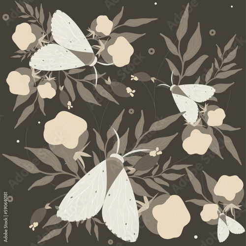 vector seamless pattern with silkworm moth and cotton flowers and leaves