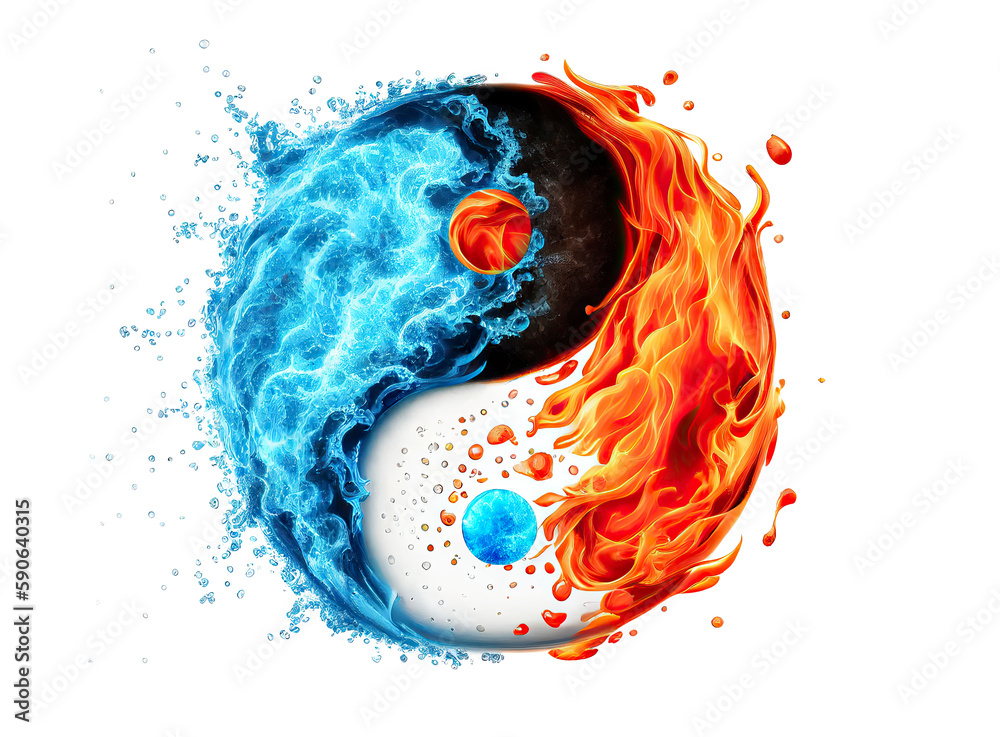 Ying Yang Symbol Made of Water and Fire on White Background. AI ...