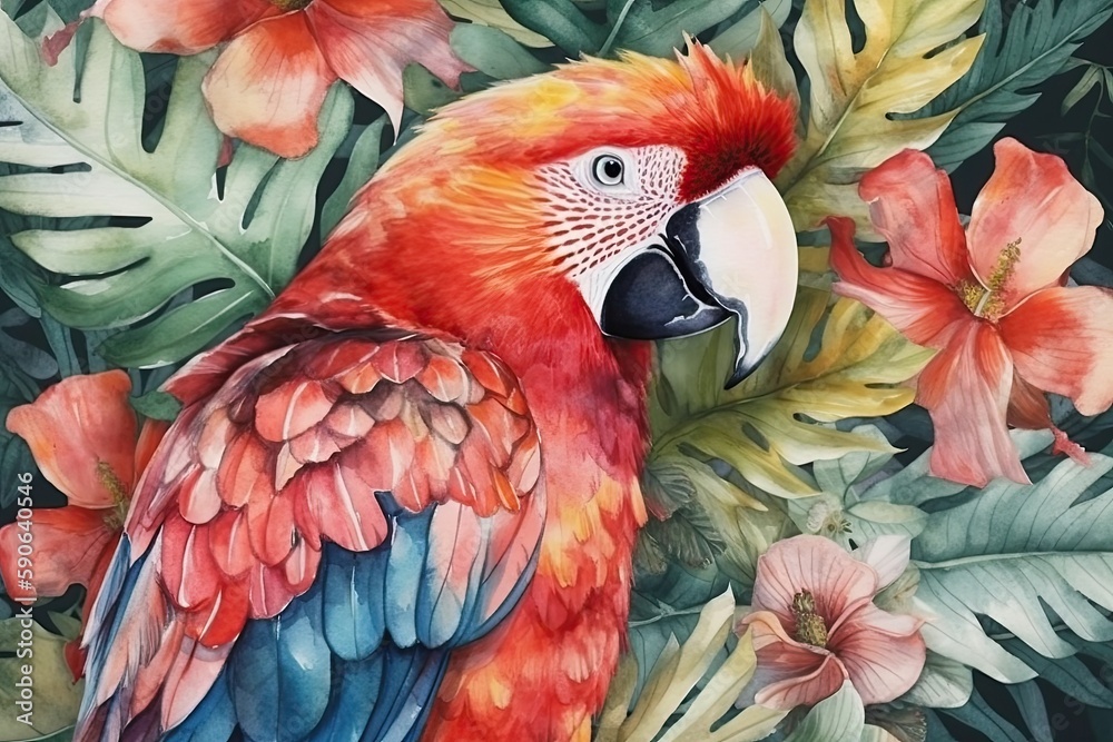 Fototapeta premium vibrant parrot perched amidst a garden of colorful flowers. Generative AI