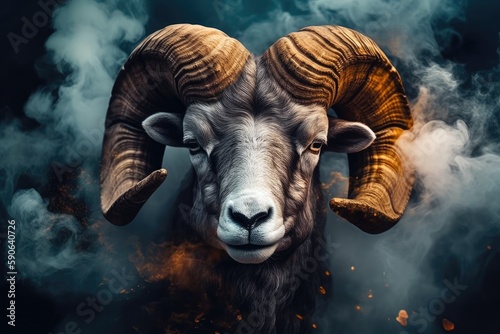 majestic ram with huge horns standing amidst billowing smoke. Generative AI © 2rogan