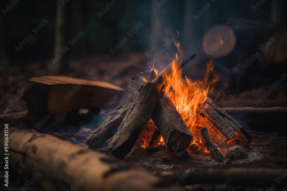 Fototapeta premium Campfire in the forest at night. Generative AI.