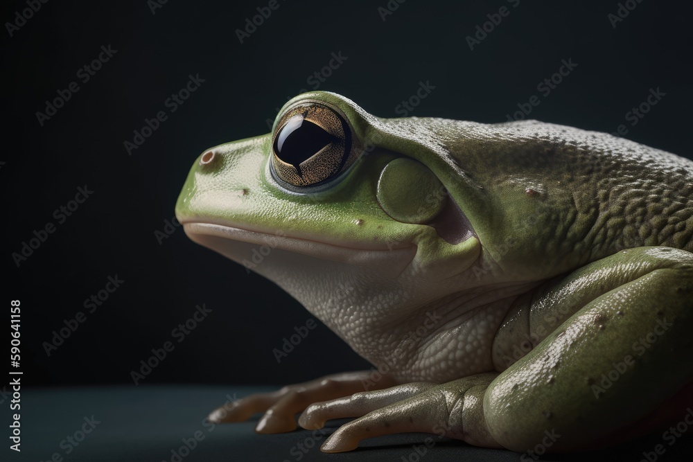 Frog portrait on a black background. Generative AI. Frog portrait on a black background. Generative AI.