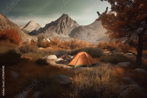 Tent camping in the mountains. Generative AI.