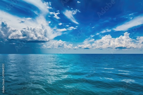 The backdrop is made up of white clouds, sea waves, and a blue sky. Generative AI