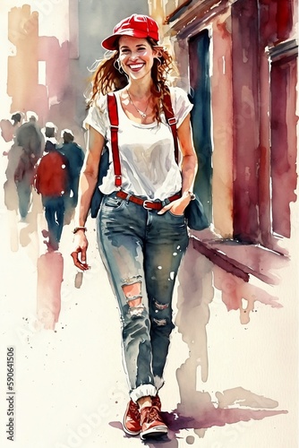 A young woman, unconventionally pretty, smiling, red suspenders, white t-shirt, watercolor, Generative AI photo