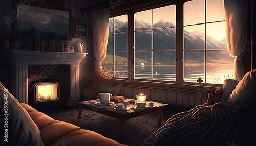 A cozy room with a window overlooking the mountains and river, ice and cold, Generative AI © מה שתגיד
