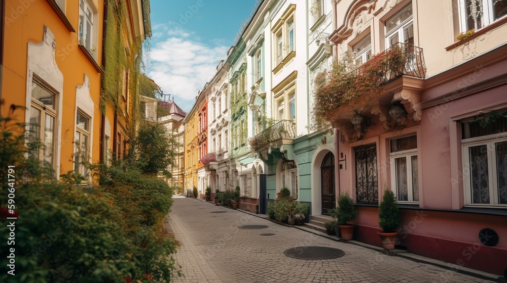 A picturesque street in a historic town with colorful buildings Generative AI