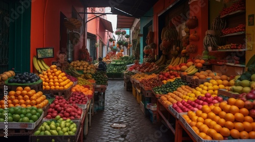 A vibrant marketplace full of colorful produce Generative AI