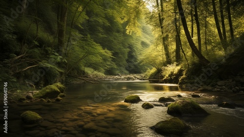 A tranquil river flowing through a forest Generative AI