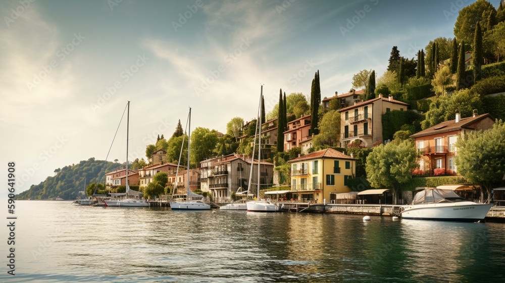 A charming lakeside village with sailboats on the water Generative AI