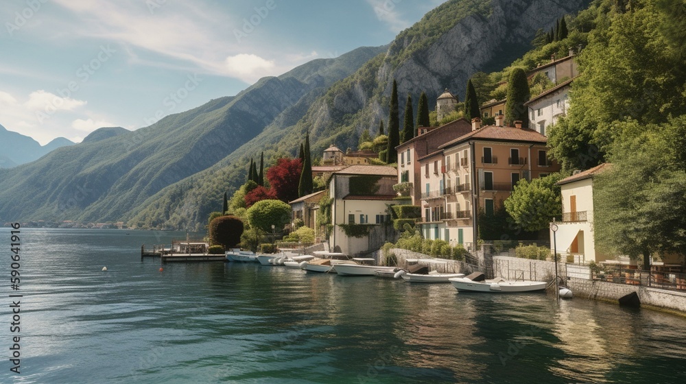 A charming lakeside village with sailboats on the water Generative AI