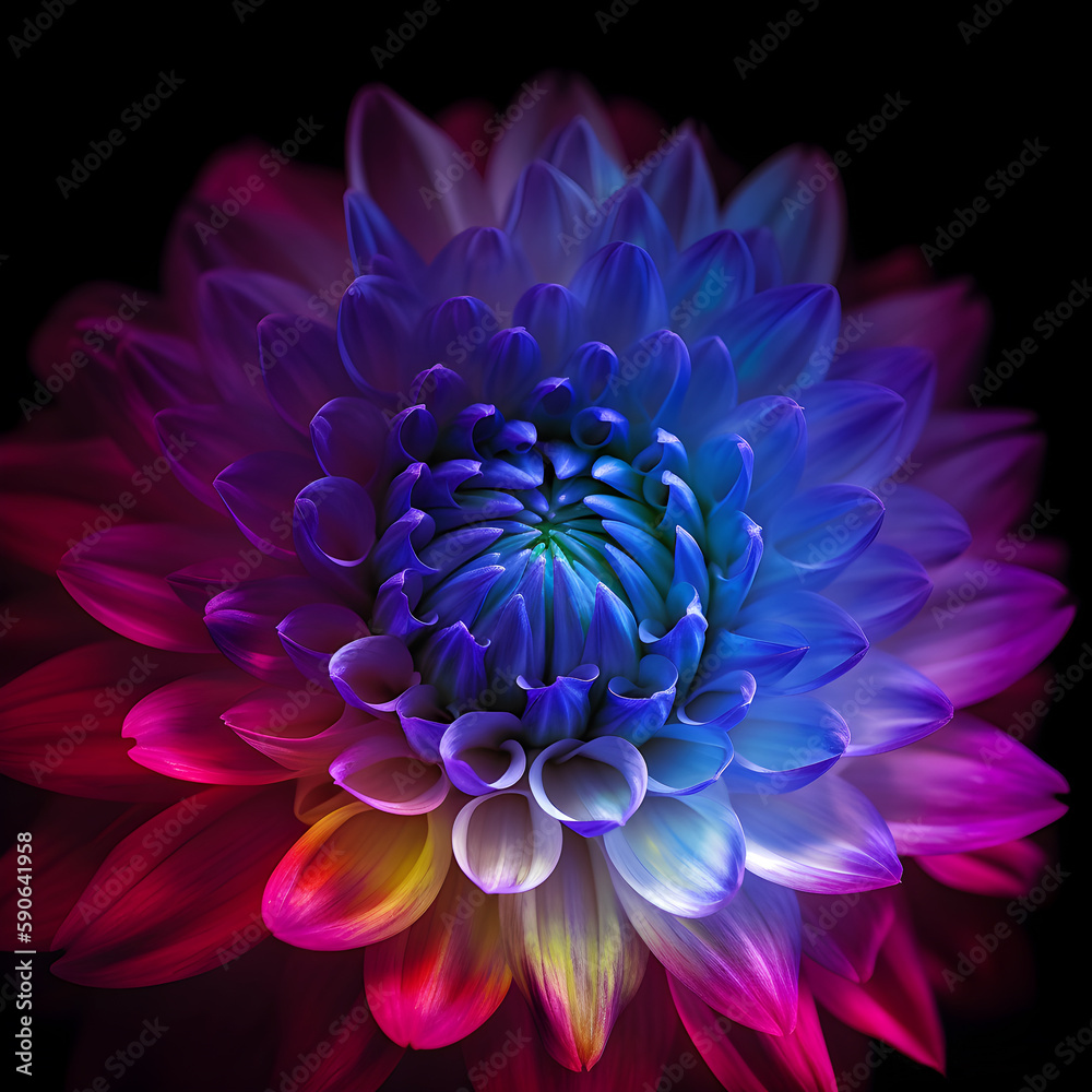 Luminogram holographic tones flower on black background,  vivid colors, Colorful, generative ai