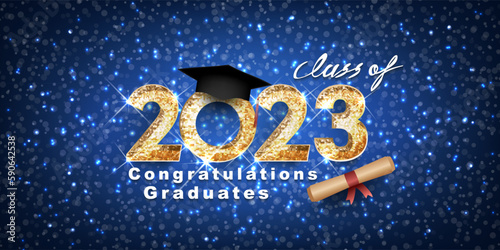 Vector text for graduation gold design, congratulation event, T-shirt, party, high school or college graduate. Lettering Class of 2023 for greeting, invitation card
