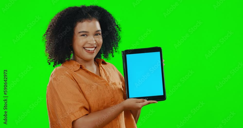 Woman, blank tablet and mockup in green screen studio with smile on face for app promotion by background. Girl, young student and mobile touchscreen ux for mock up portrait, yes or review by backdrop Woman, blank tablet and mockup in green screen studio with smile on face for app promotion by background. Girl, young student and mobile touchscreen ux for mock up portrait, yes or review by backdrop