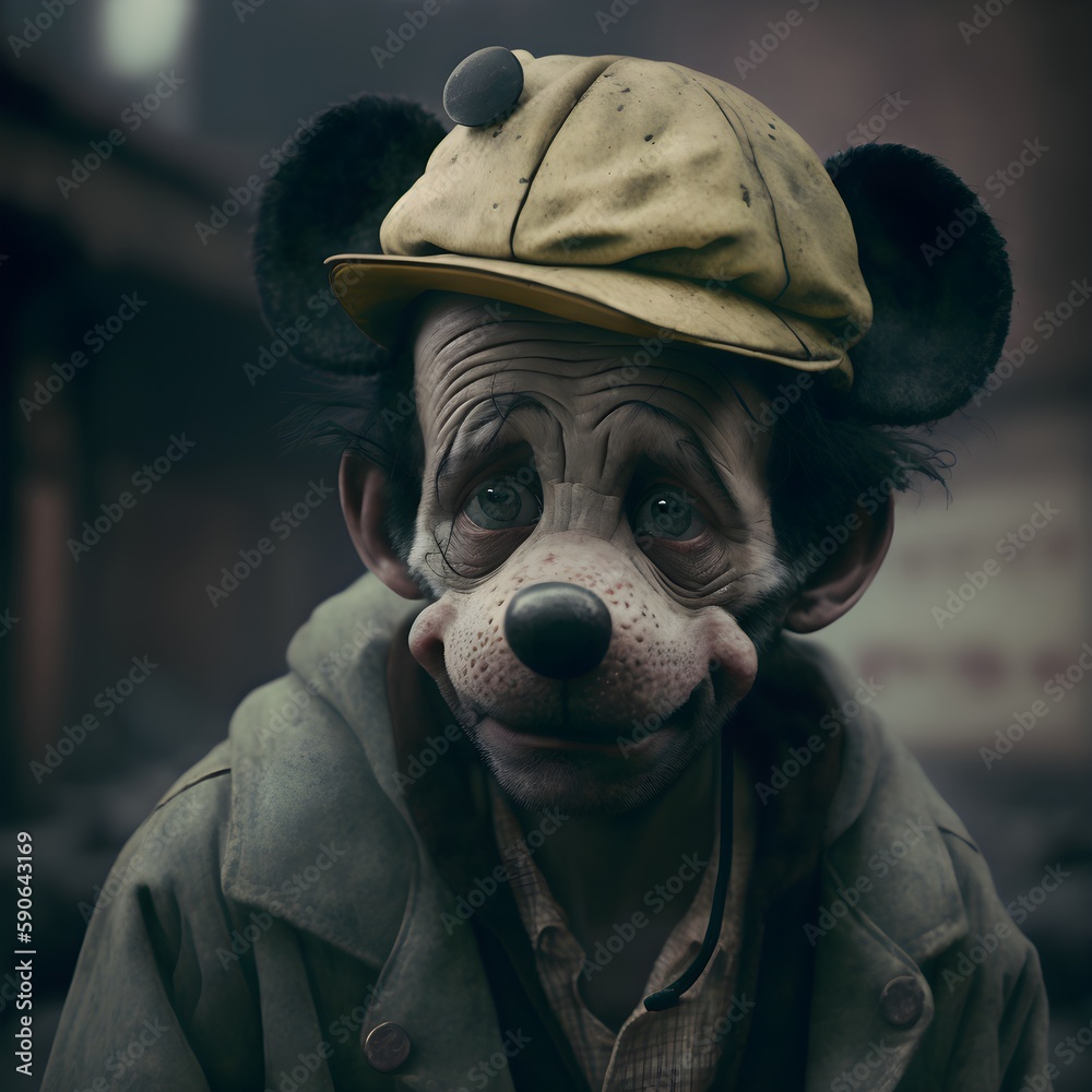 mickey mouse crack head homeless in the style of wes anderson movie in ...