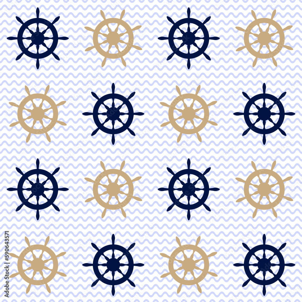 Yacht helm boat steering wheel sailing navigation symbol vector seamless pattern.