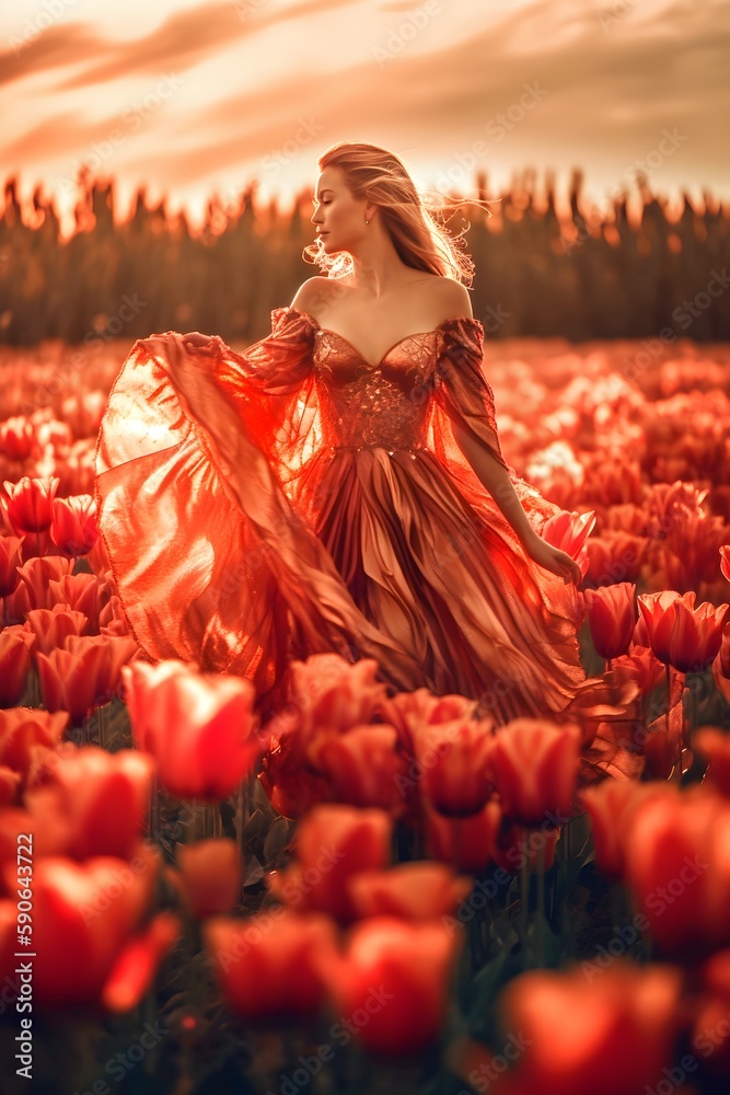 Fototapeta premium KI generated, Fairy-like dancer in a dreamlike dress dances in the tulip field.