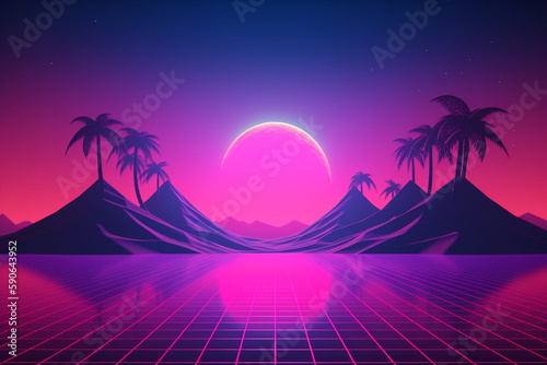 Retro Futuristic neon gaming landscape background